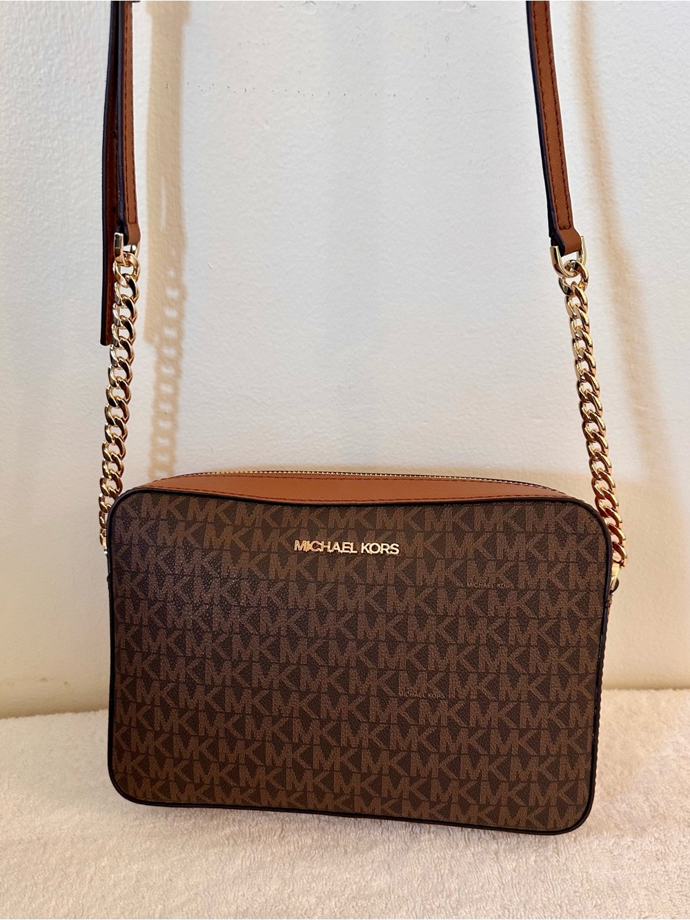 Michael Kors Jet Set Brown Monogram Crossbody with Strap and Gold Chain Details
